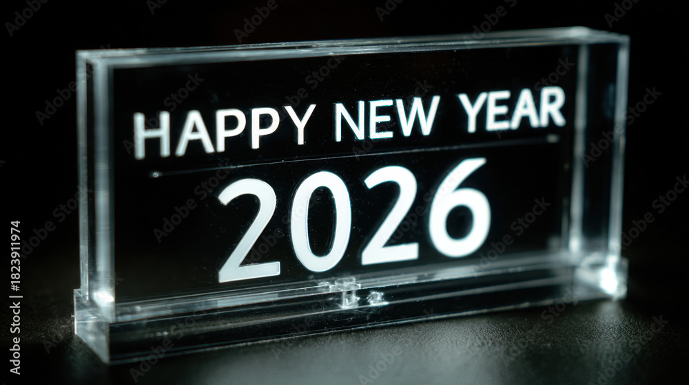 Fototapeta premium Happy new year 2026 glowing acrylic sign with modern illuminated text on a dark background