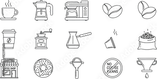 Coffee preparation and serving icons set