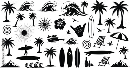 Tropical beach and surf elements silhouette collection