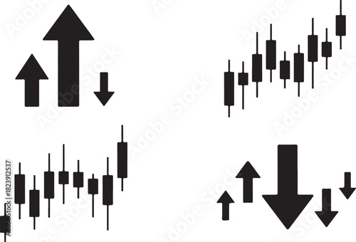 Up and down arrows and candlestick charts on white background Keywords: arrows, up, down