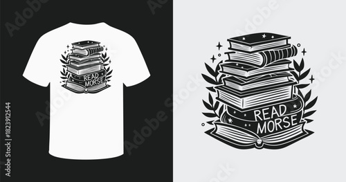 Read morse code t-shirt design with stacked books and laurel branches on black and white background