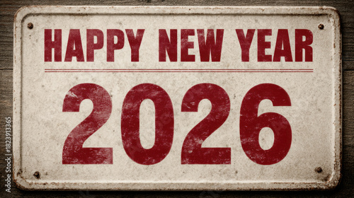 Vintage-style “Happy New Year 2026” sign with bold red lettering on a distressed textured background