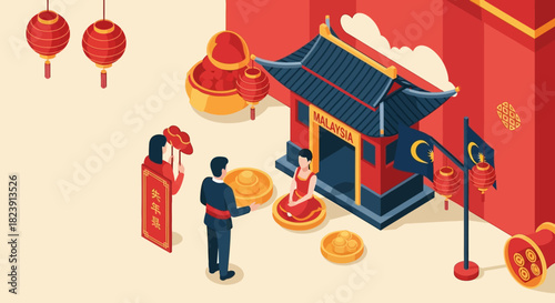 Chinese New Year Festivities in a Malaysian Temple with Lanterns and Gold Coins