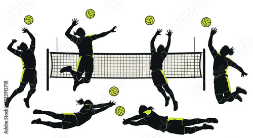Dynamic volleyball players in action silhouettes with bright green accents, perfect for sports teams, athletic wear, fitness campaigns and summer promotions