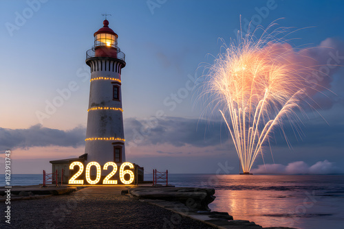 New Year 2026 celebration with a spectacular fireworks display over the sea by an illuminated coastal lighthouse at twilight.