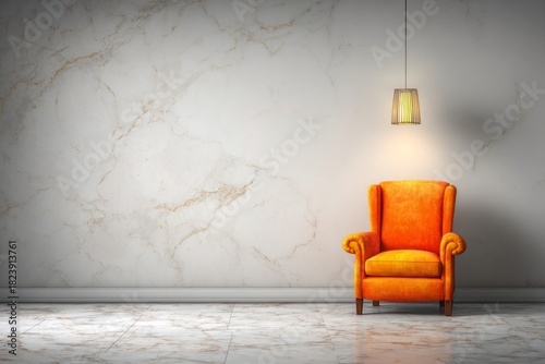 Vibrant orange upholstered armchair sits centered beneath a hanging light fixture in a minimalist interior space