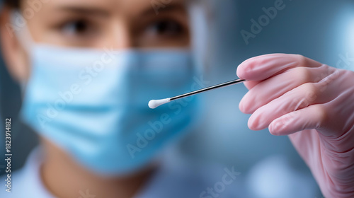 Close-up medical hands with buccal defocused swab sample, faceless specimen collection, diagnostic visualization detail, blurred clinical background, testing concept, medical inter