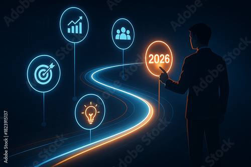 businessman silhouette on dark futuristic background points at bright glowing 2026 circle representing business goal strategy growth and team collaboration for successful achievement concept