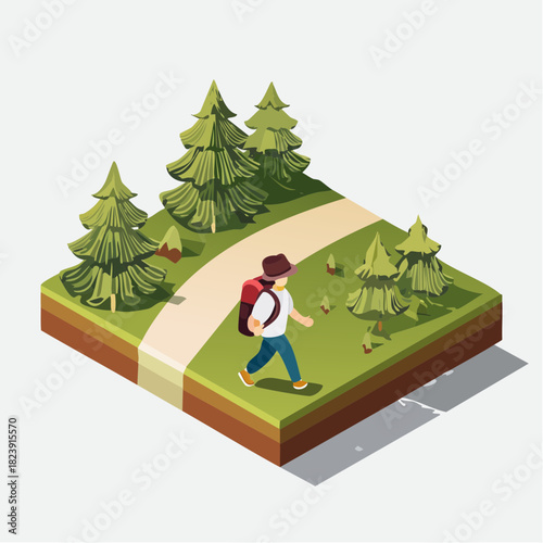 Icône isométrique de marche et exploration en forêt
