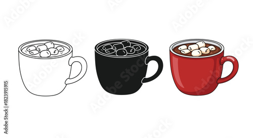 Set of three hot chocolate mugs with marshmallows, featuring outline, solid black and red designs