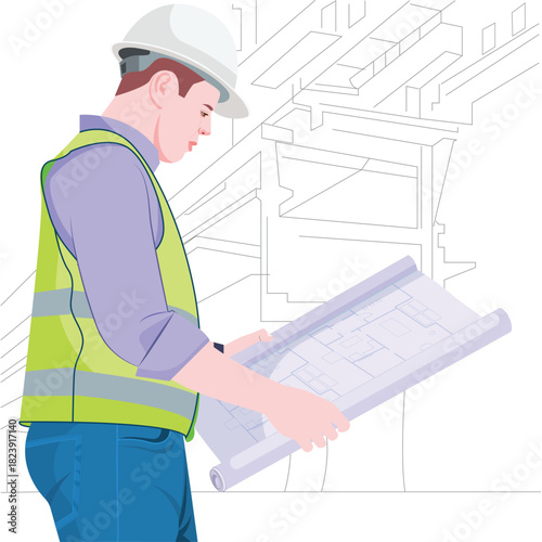 Construction worker looking at a site map, industrial vector illustration