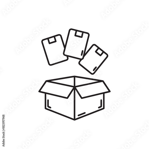 Black and white vector icon of software packages coming out of an open box for computer science and technology