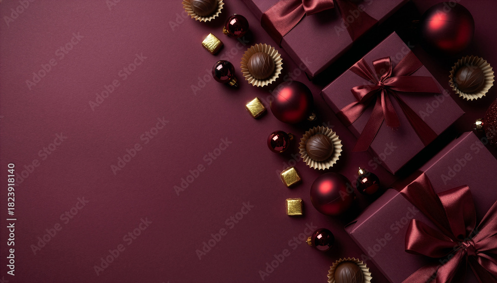 Obraz premium Diagonal Flat Lay of Premium Chocolate Truffles and Maroon Wrapped Gifts
