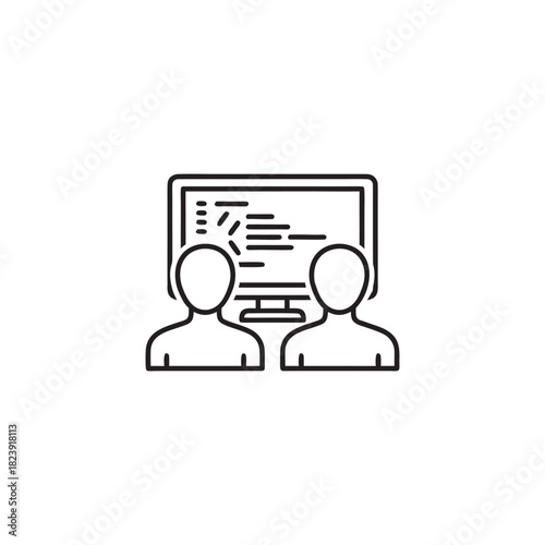 Pair programming computer science icon two developers coding on monitor black and white line vector illustration
