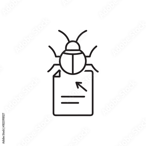 Black and white vector icon of software bug on document for computer science coding and debugging concept