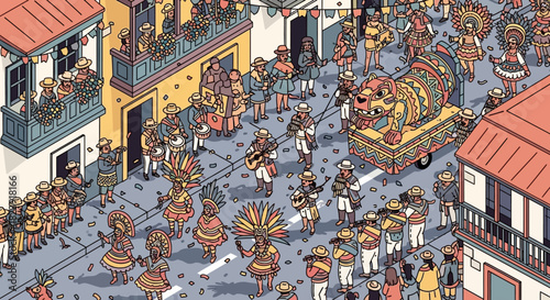 Vibrant isometric street festival illustration lively parade with traditional costumes, enthusiastic musicians, and a magnificent float in a charming town