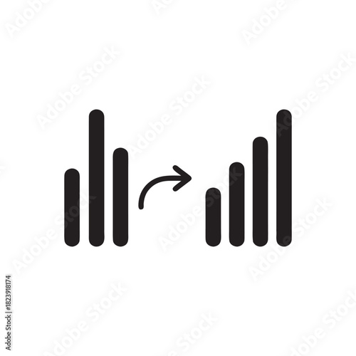Black and white computer science vector icon with data bars and refresh arrow for analytics and processing