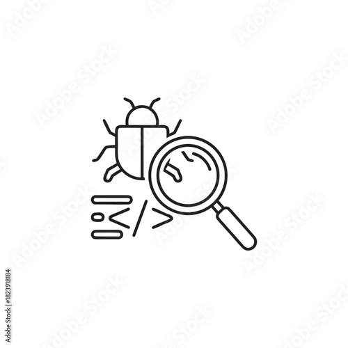 Bug detection and code debugging concept black and white vector icon for computer science and software development