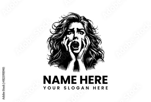Scared face expression vector logo illustration, woman, illustration, design, scream, emotion, panic, horror, fear, logo