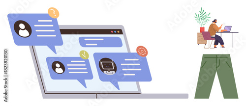 Chat messages on a laptop screen with icons and notifications. Person at a desk symbolizes remote work. Ideal for teamwork, remote work, messaging, communication, productivity, collaboration, simple