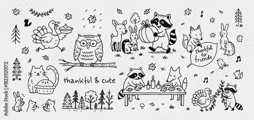 Black-and-white illustrations of woodland animals sharing food, gifts, and signs of gratitude in whimsical seasonal theme with “thankful for friends” and “thankful & cute” text