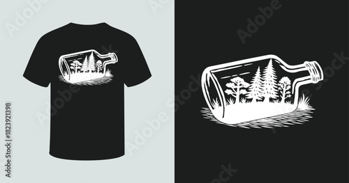 Forest landscape with pine trees captured inside a glass bottle in monochrome style