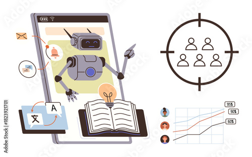 Robot interacts with smartphone and book. Charts analyze user data, translating functions, notifications. Ideal for education, automation, communication, technology, data analysis AI learning