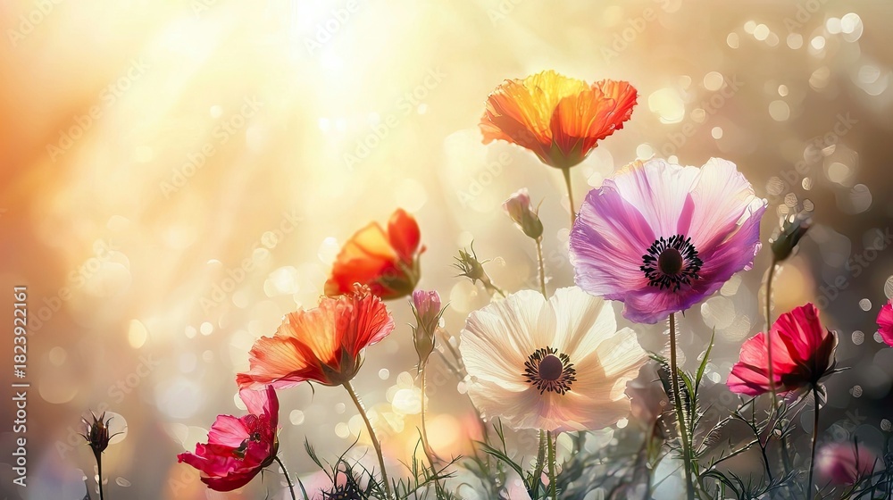 Fototapeta premium A close-up view of several vibrant poppies in various colors, including red, pink, white, and orange, blooming in a field. The scene is illuminated by warm, gol