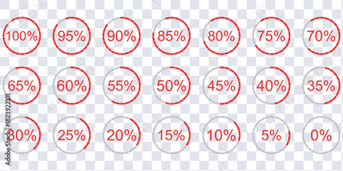 Infographic circle with percentage 0 to 100 loading progress interface in blue color vector design. 5 10 15 20 25 30 35 40 45 50 55 60 65 70 75 80 85 90 95 percent loading circle collection.