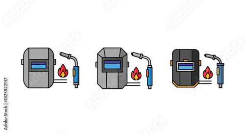 Three distinct illustrations of welding equipment, featuring various helmets and torches with flame icons, representing industrial safety and craftsmanship.