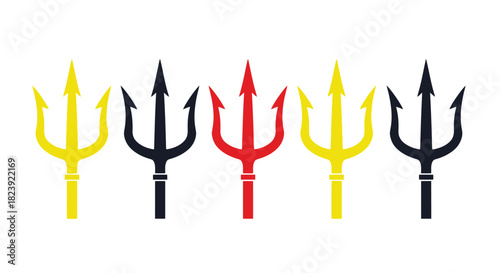 Five trident illustrations in yellow, black, and red, arranged horizontally, representing power.
