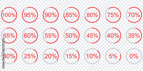 Percentage infographics flat elements. Round diagrams icons for infographics from 0 to 100 percent. Circle graph loading progress templates. Green, grey color fill divided pie charts indicators.
