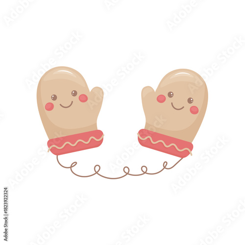 Vector Hand-drawn beige mittens with smiling faces, rosy cheeks, red cuffs and curly string on white background. Ideal for winter clipart, festive sets, greeting cards, and cozy seasonal design.