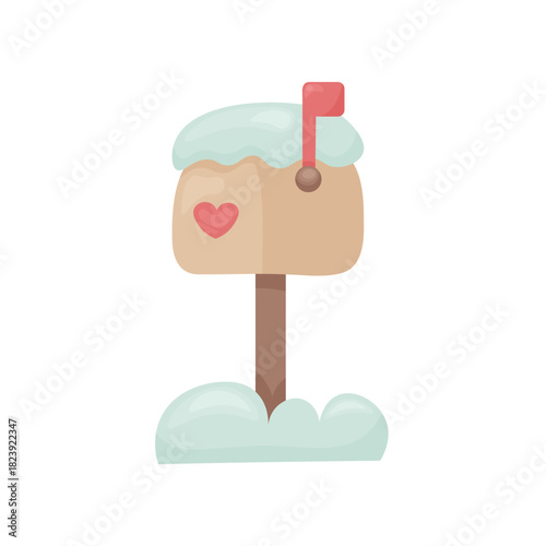 Hand-drawn winter mailbox with snow and heart on white background. Soft pastel tones and textured lines. Ideal for seasonal clipart, greeting cards, cozy village scenes, and festive design sets.