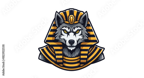 A detailed illustration of a wolf's head wearing an Egyptian pharaoh's headdress, artistic design.