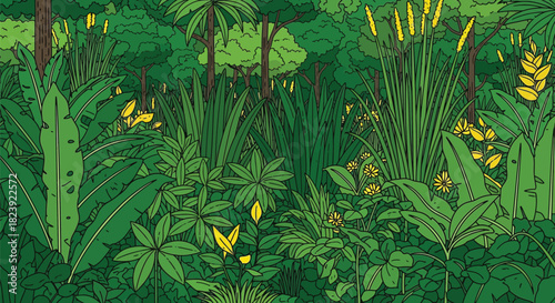 Lush jungle illustration with dense green foliage and tall trees.