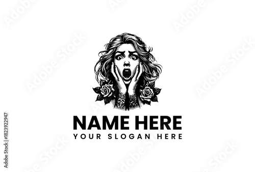 Retro engraving style portrait of a shocked woman with roses vector logo illustration template 89