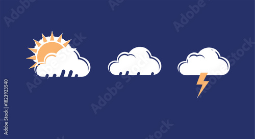 Three weather icons illustrating different conditions partly sunny, cloudy, and a stormy cloud with lightning, against a clear blue background