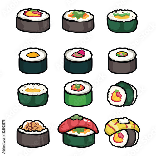 PrintA set of cute maki sushi roll icons in cartoon style. Includes various rolled sushi designs suitable for menus, stickers, branding, and food illustration projects.