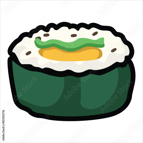 A collection of cute and colorful sushi icons in cartoon style. This vector set includes various maki rolls, nigiri, and Japanese seafood illustrations, perfect for menu design