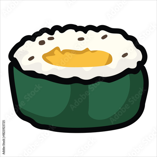 A collection of cute and colorful sushi icons in cartoon style. This vector set includes various maki rolls, nigiri, and Japanese seafood illustrations, perfect for menu design