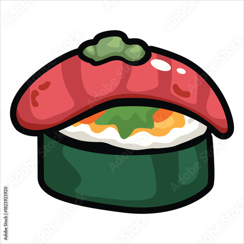 A collection of cute and colorful sushi icons in cartoon style. This vector set includes various maki rolls, nigiri, and Japanese seafood illustrations, perfect for menu design
