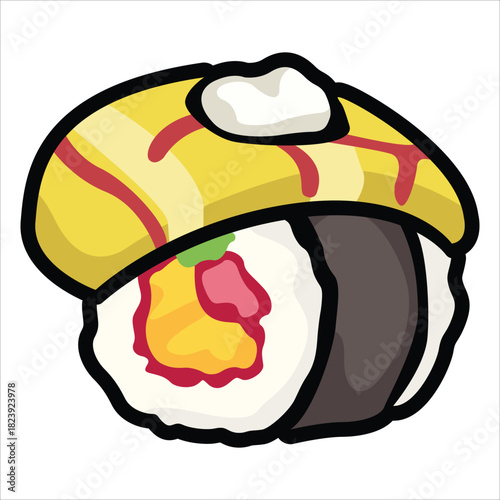 A collection of cute and colorful sushi icons in cartoon style. This vector set includes various maki rolls, nigiri, and Japanese seafood illustrations, perfect for menu design