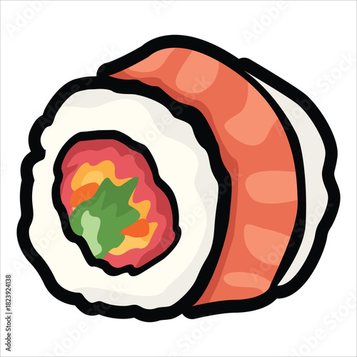 A collection of cute and colorful sushi icons in cartoon style. This vector set includes various maki rolls, nigiri, and Japanese seafood illustrations, perfect for menu design
