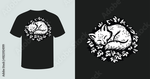 Sleeping fox curled up in a bed of leaves in a monochrome hand-drawn style