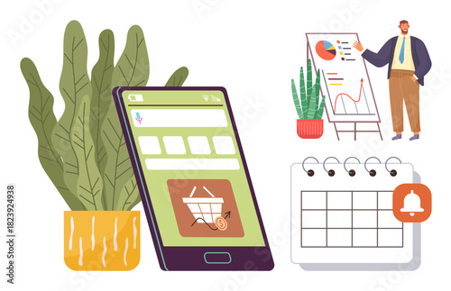 Smartphone with shopping cart icon, man presenting graphs on flipchart, calendar with reminder. Ideal for e-commerce, planning, organization, business growth, marketing analysis, scheduling online