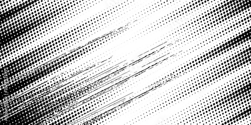 Grunge halftone gradient background. Faded grit noise texture. White and black sand wallpaper. Retro pixelated backdrop. Anime or manga style comic overlay. Vector graphic design textured template