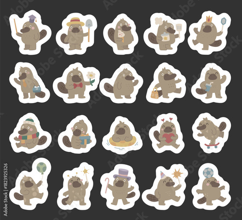 Platypus character set in scandinavian style showing education farming, cooking, romance, business, holiday, sport, fantasy celebration valentine, learning, gift, dessert, balloon