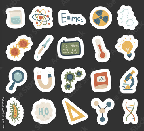 Science set in scandinavian style with dna, molecule, atom, microscope, formula, magnet, gear, ruler, flask, pipette, bacteria, virus, board, lightbulb, thermometer, radioactive sign