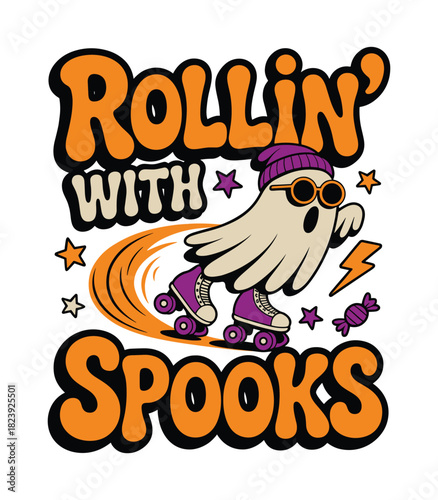Rollin with spooks halloween ghost roller skates cartoon graphic design vector illustration art t-shirt design